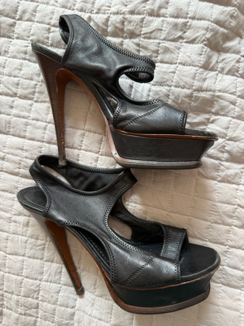 Yves Saint Laurent Black Leather Platform Slingback Heels
